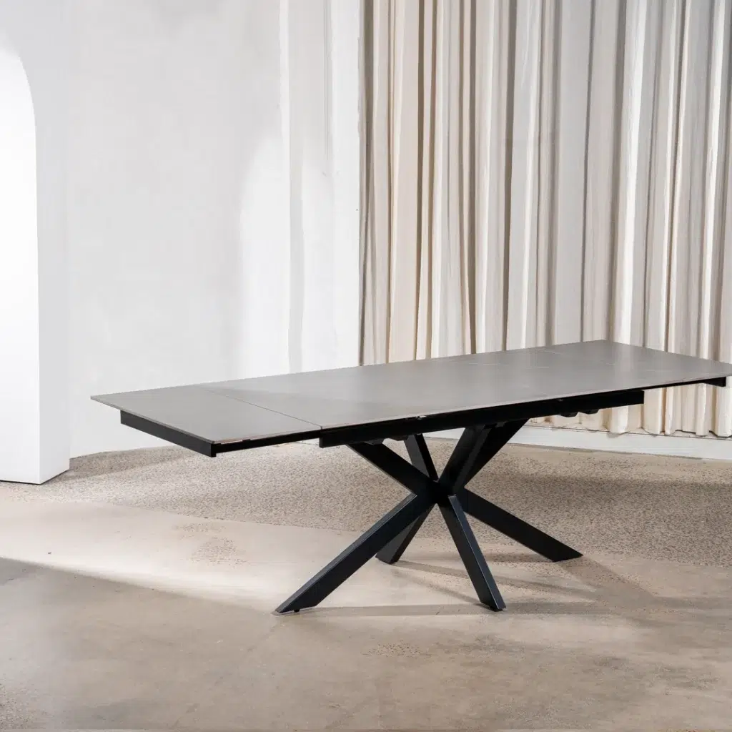 Newcastle Extension Dining Table in Bulgarian Grey Ceramic with black metal frame