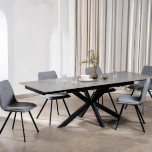 Newcastle Extension Dining Table in Bulgarian Grey Ceramic with black metal frame