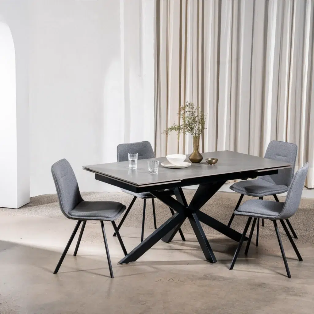 Newcastle Extension Dining Table in Bulgarian Grey Ceramic with black metal frame