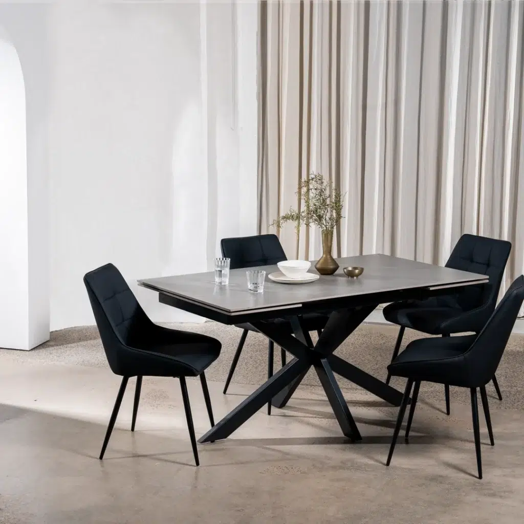 Newcastle Extension Dining Table in Bulgarian Grey Ceramic with black metal frame