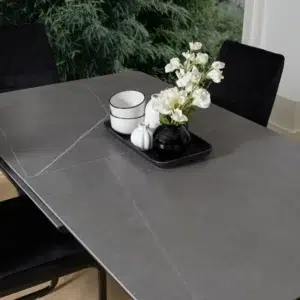 Nikita Extension Dining Table Bulgarian Grey with marble effect and black rubber wood base
