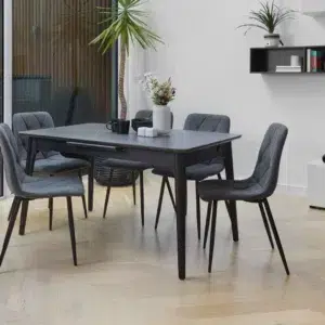 Nikita Extension Dining Table in Bulgarian Grey with marble effect and pop-up leaf for compact spaces