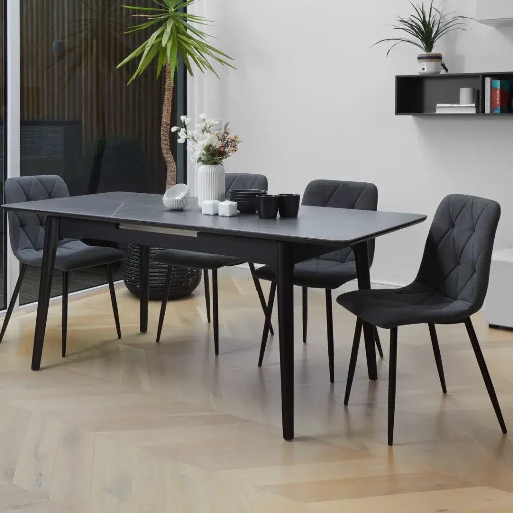 Nikita Extension Dining Table Bulgarian Grey with marble effect and pop-up leaf for compact spaces