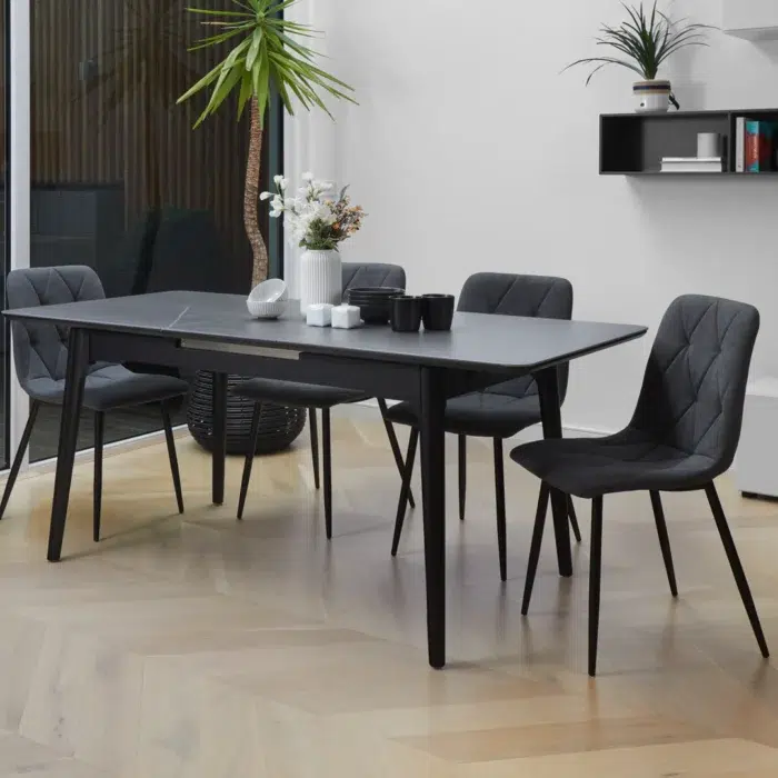 Nikita Extension Dining Table Bulgarian Grey with marble effect and pop-up leaf for compact spaces
