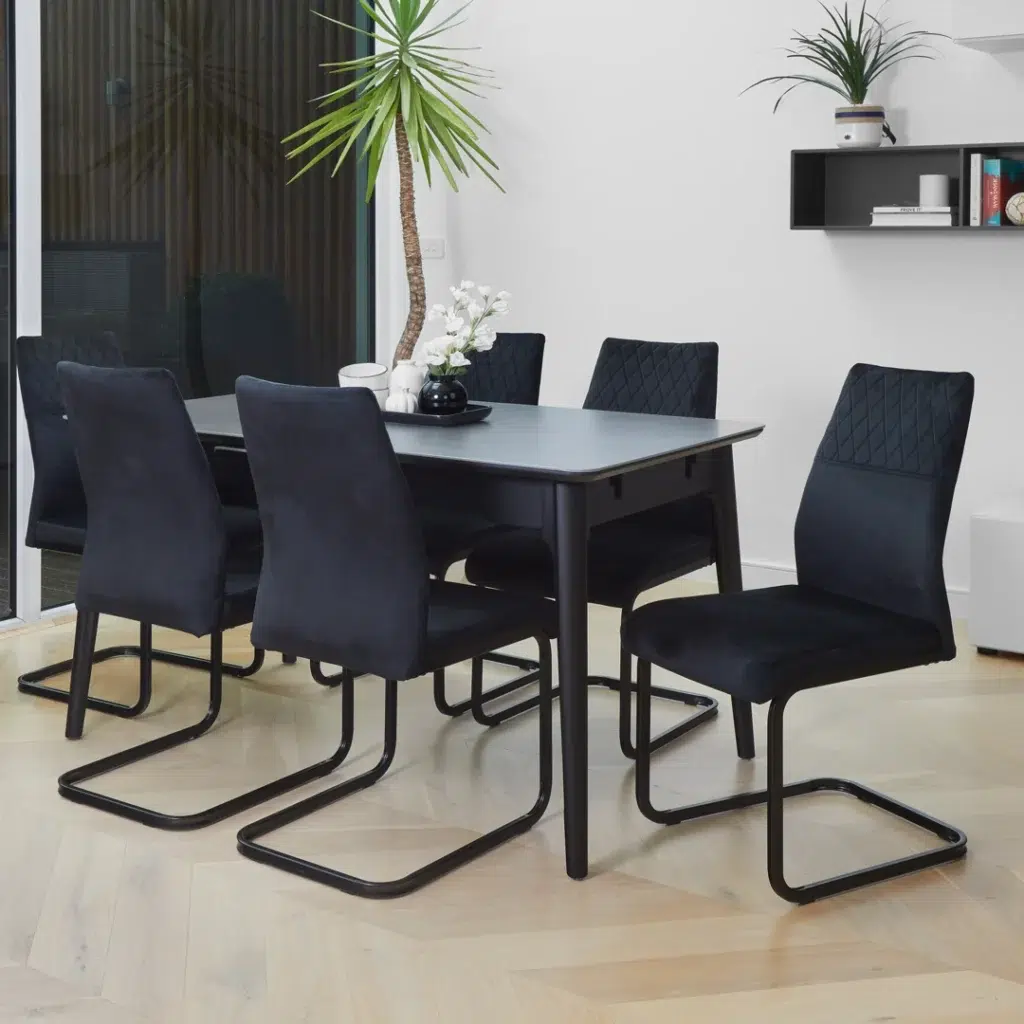 Nikita Bulgarian Grey extension dining table with marble effect and black rubber wood base