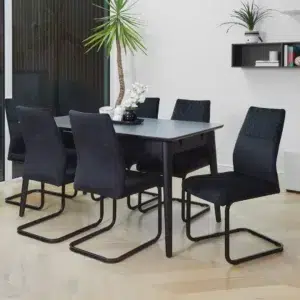 Nikita Bulgarian Grey extension dining table with marble effect and black rubber wood base