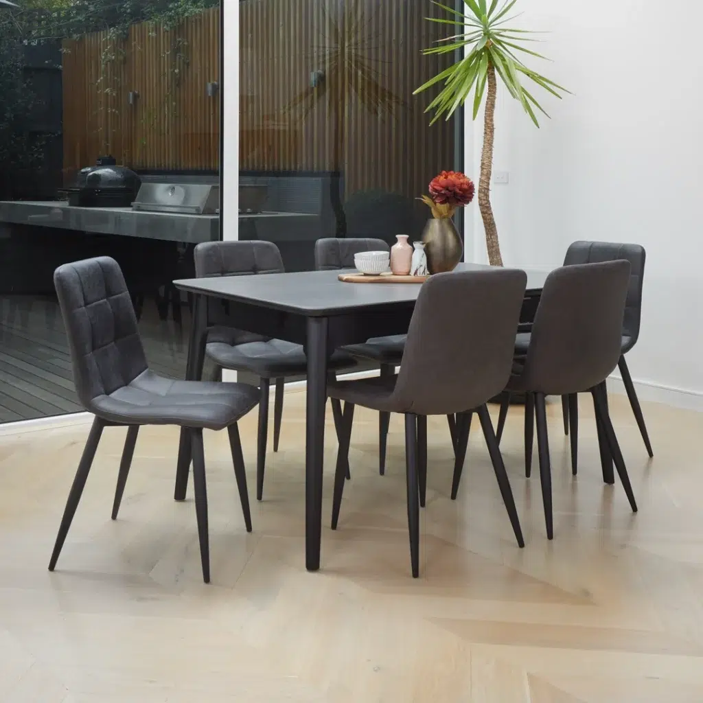Nikita Extension Dining Table Bulgarian Grey with marble effect and pop-up leaf for small spaces