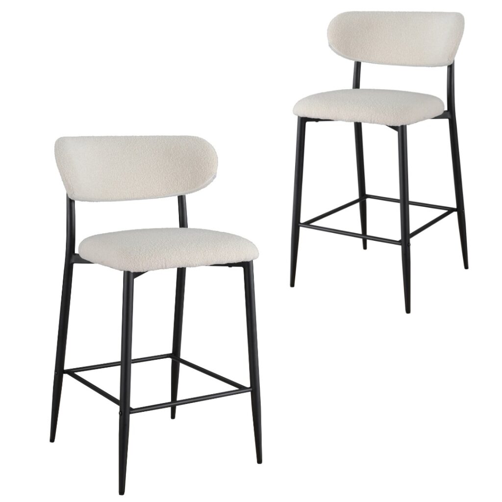 Off white boucle bar stools set of 2 with black metal frame for kitchen island