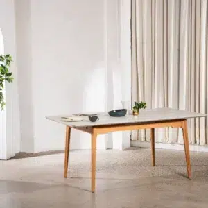 Nora Light Grey Ceramic Extension Dining Table with Wood Legs