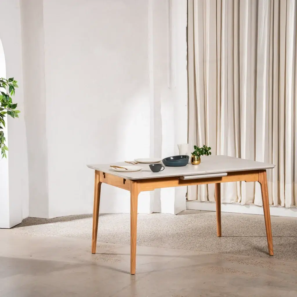 Nora Light Grey Ceramic Extension Dining Table with Wood Legs
