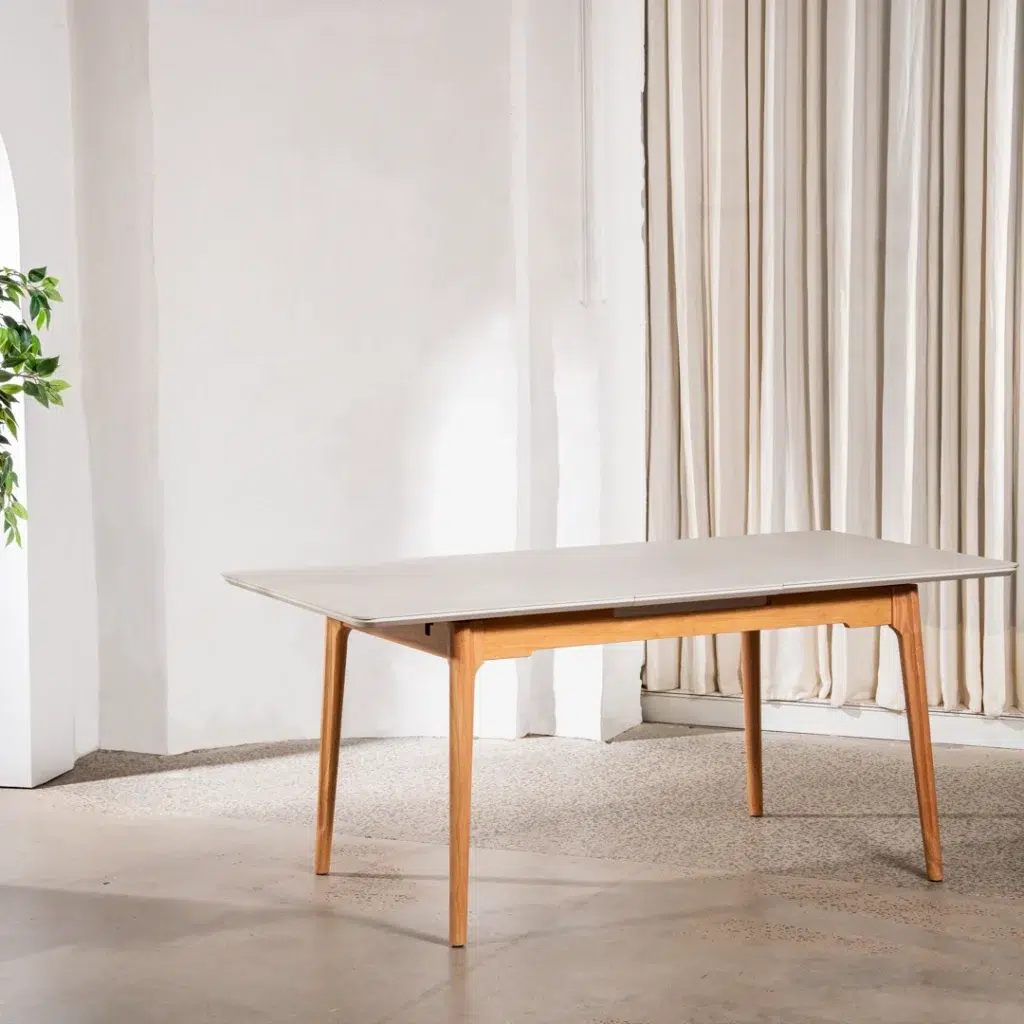 Nora Light Grey Ceramic Extension Dining Table with Wood Legs