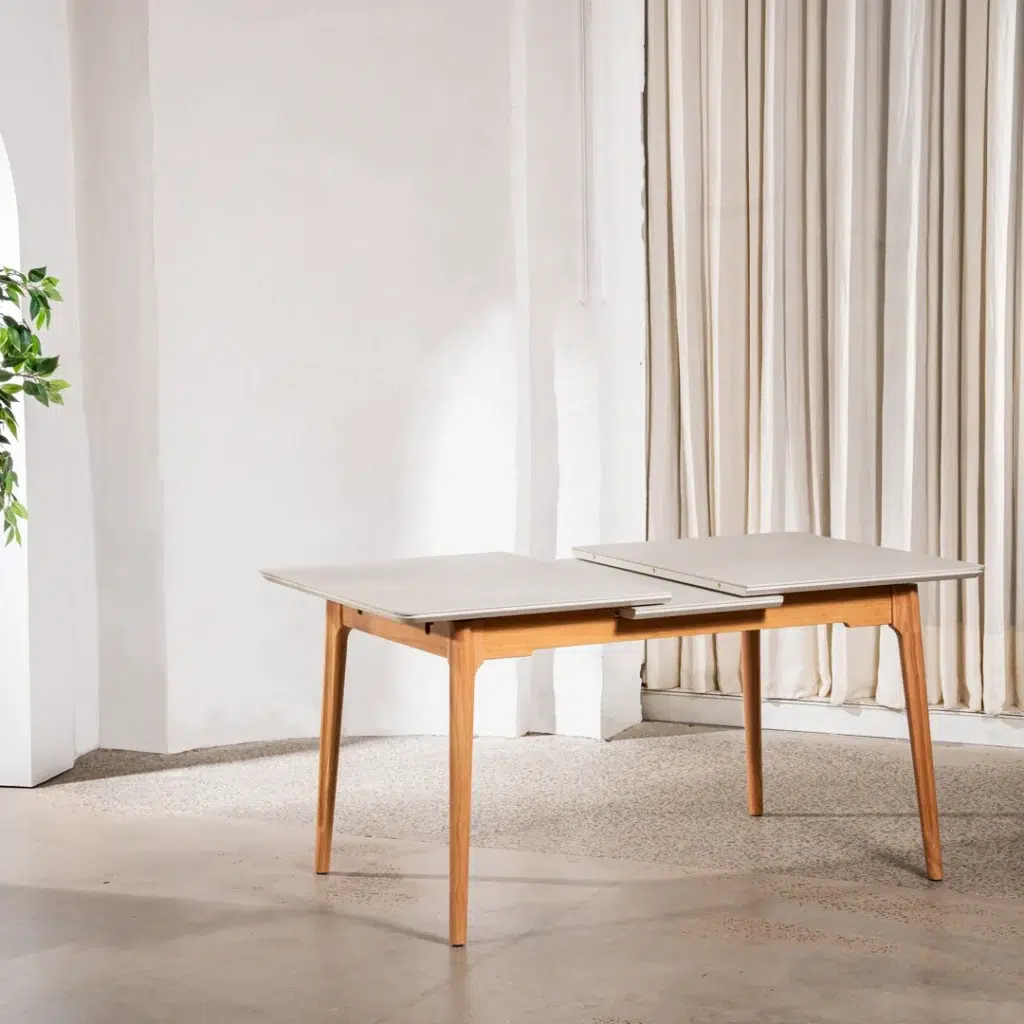 Nora Light Grey Ceramic Extension Dining Table with Wood Legs