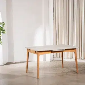 Nora Light Grey Ceramic Extension Dining Table with Wood Legs