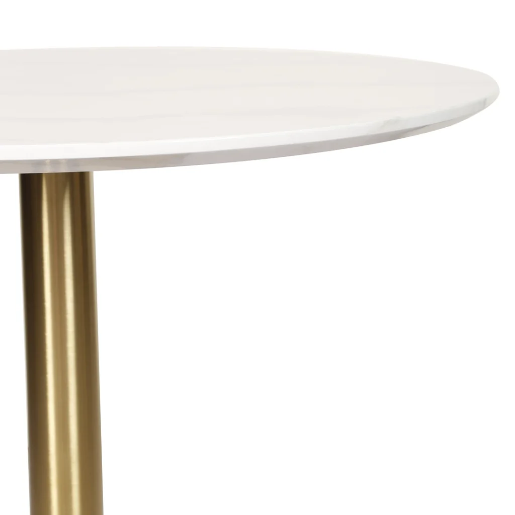 Modern white marble effect round dining table with gold metal base for 4 people