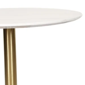 Modern white marble effect round dining table with gold metal base for 4 people
