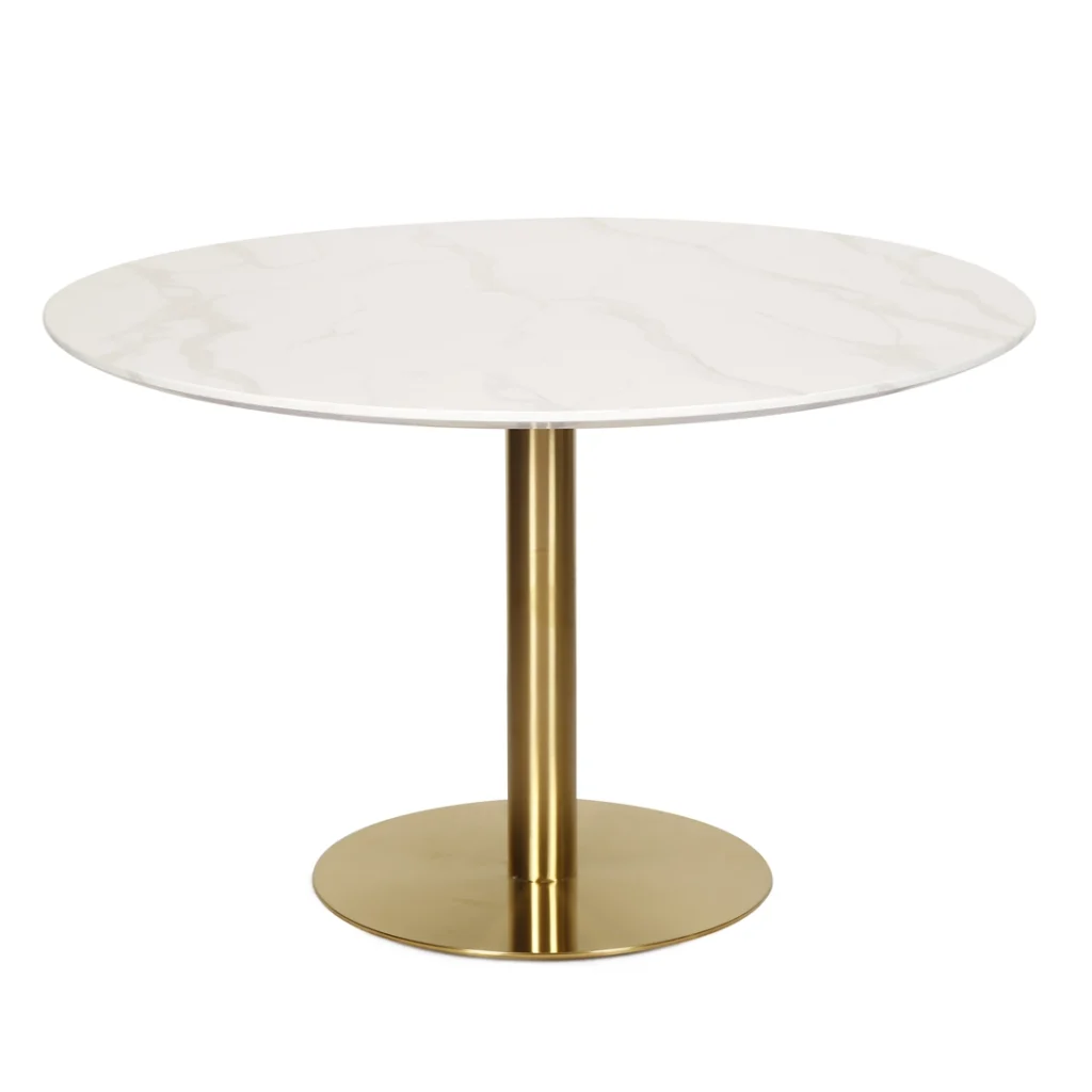 White marble effect round dining table with golden metal base for 4 people