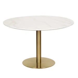 White marble effect round dining table with golden metal base for 4 people