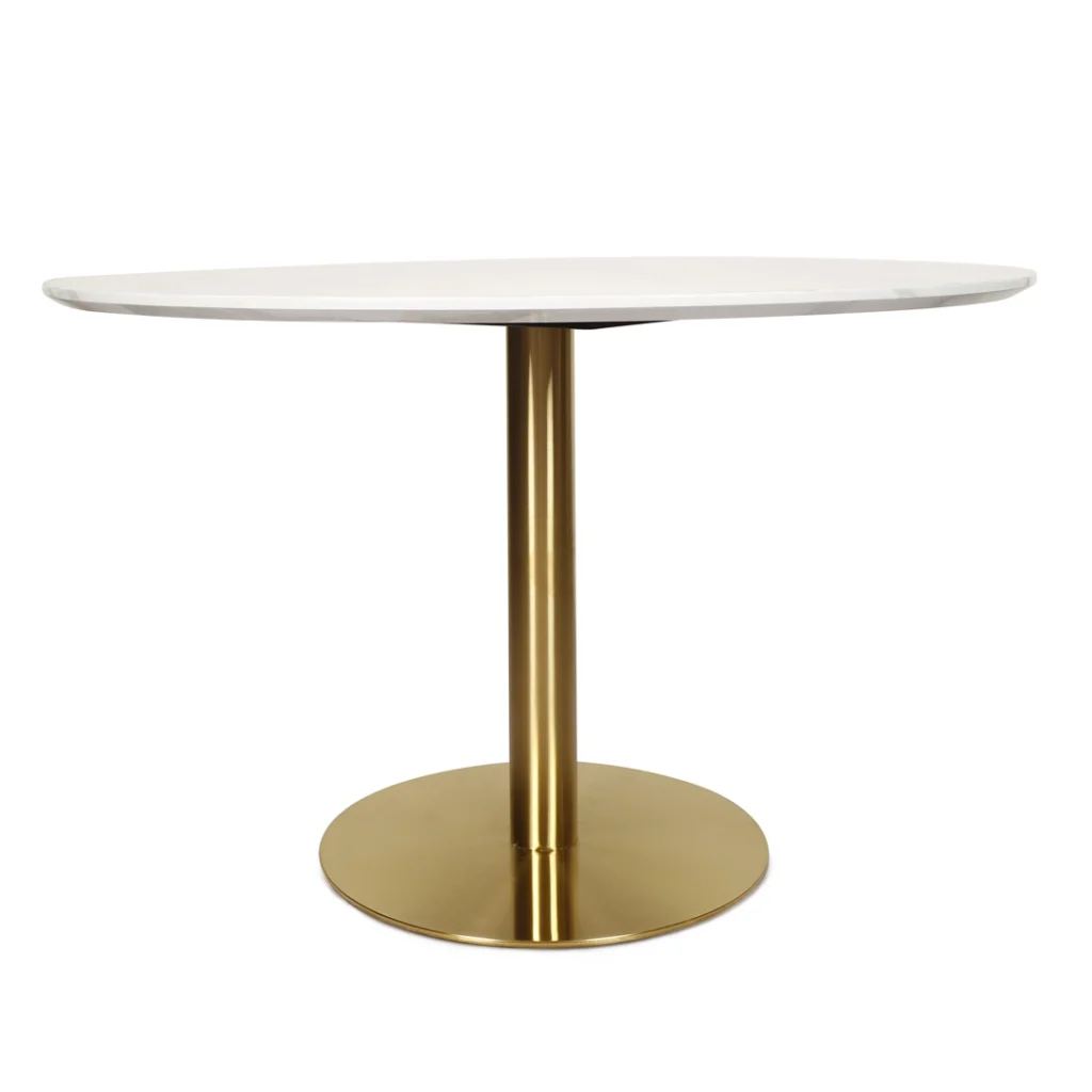 White marble effect round dining table with golden metal base for 4 people