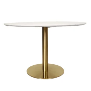White marble effect round dining table with golden metal base for 4 people
