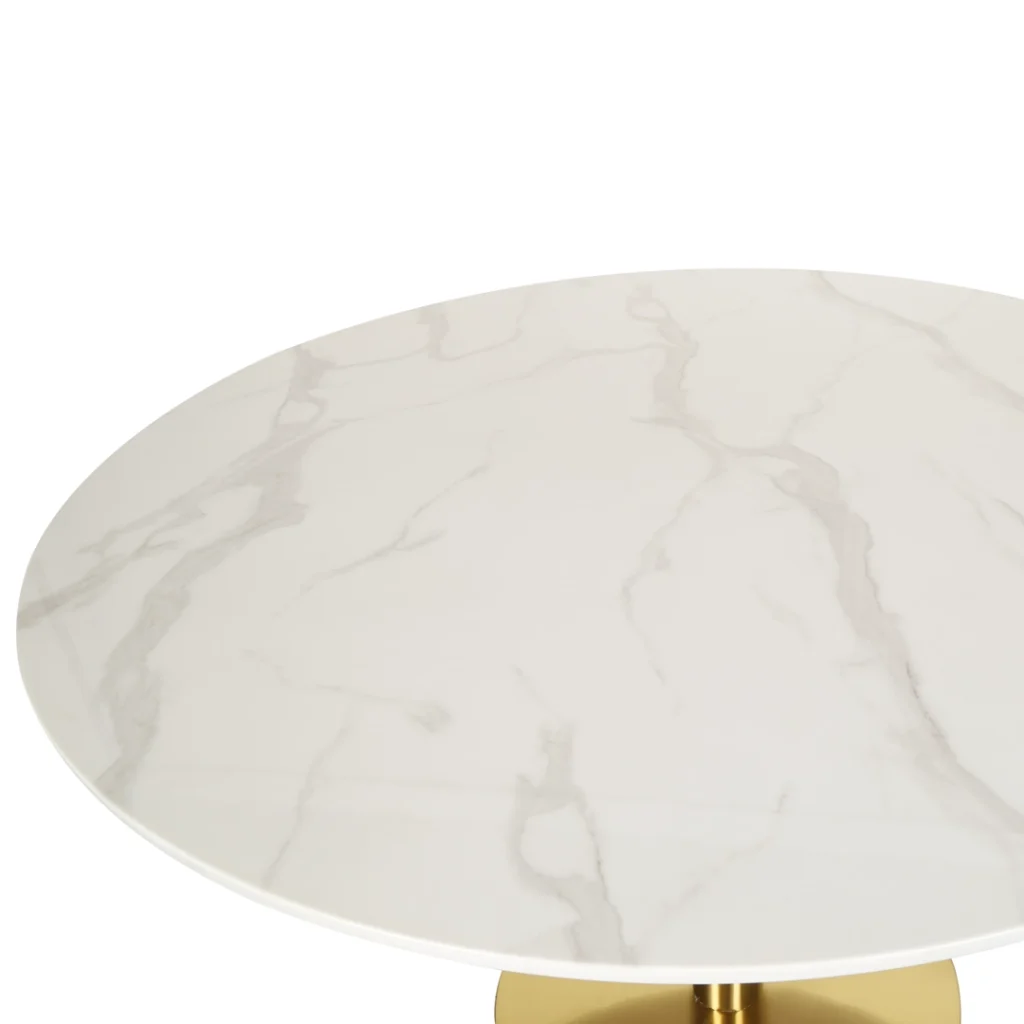 Modern white marble effect round dining table with gold metal base for 4 people