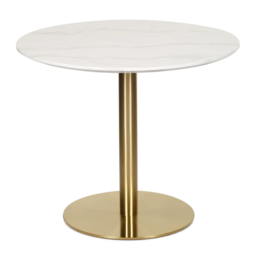 Agaria Opera white marble effect round dining table with golden metal base for 4 people