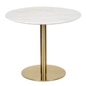 Agaria Opera white marble effect round dining table with golden metal base for 4 people