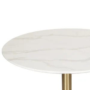 White marble effect round dining table with gold metal base for 4 people, modern compact design