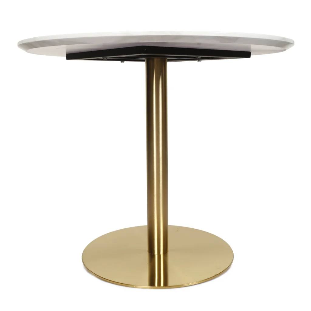 White marble effect round dining table with golden metal base, modern design for 4 people