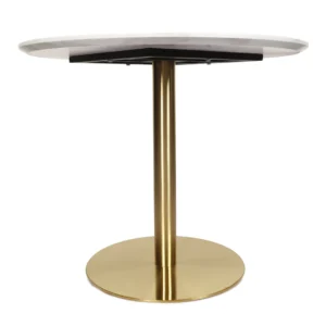 White marble effect round dining table with golden metal base, modern design for 4 people