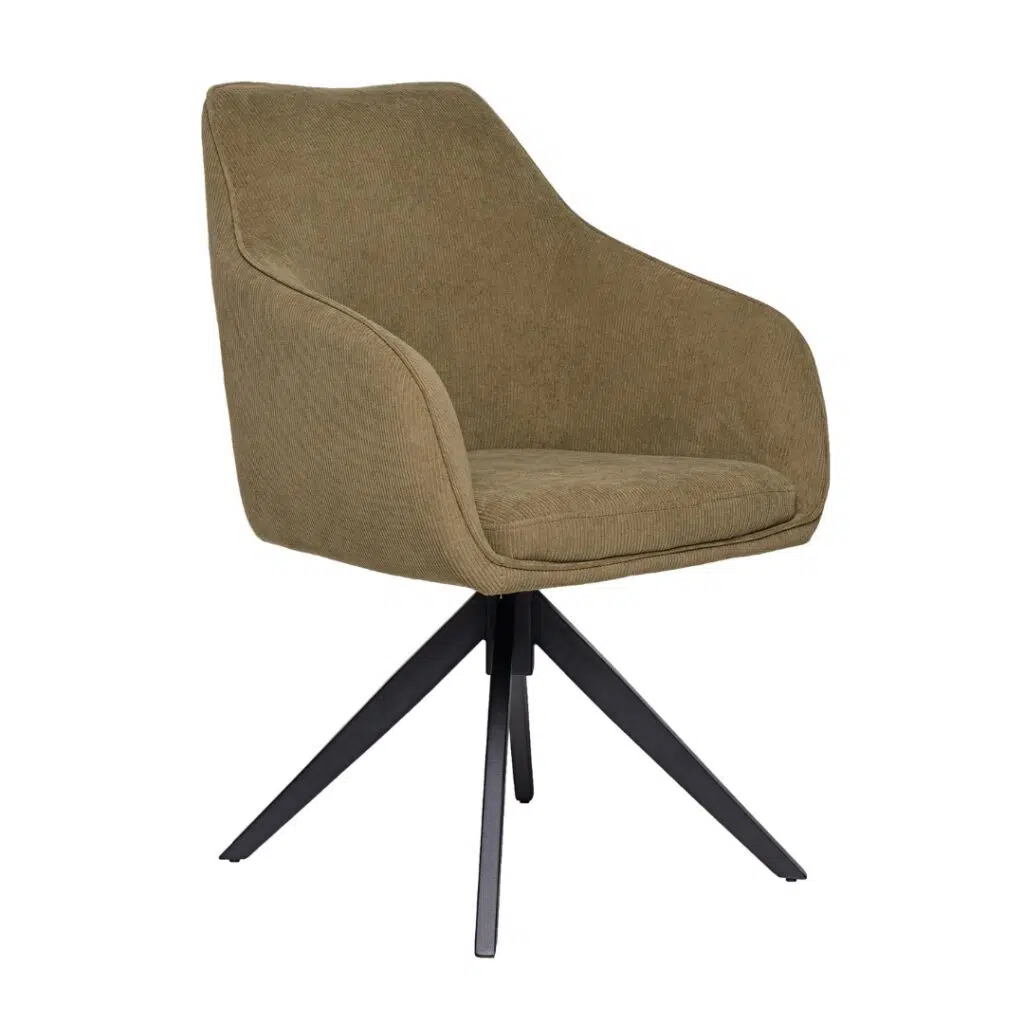 Olive corduroy dining chair with swivel base and black metal frame set of 2