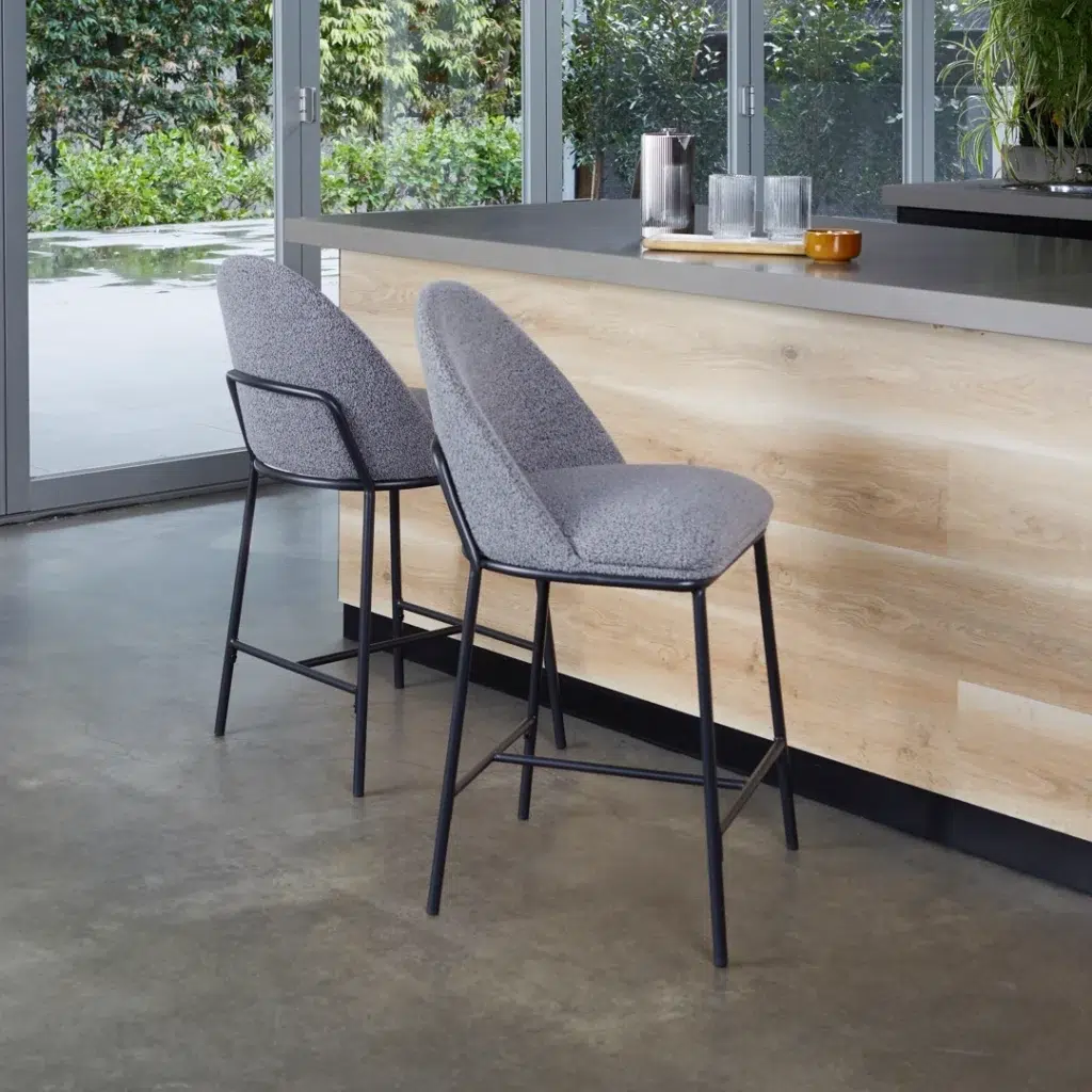 Oslo Bar Stools Slate Set of 2 with high back and boucle upholstery for modern kitchens
