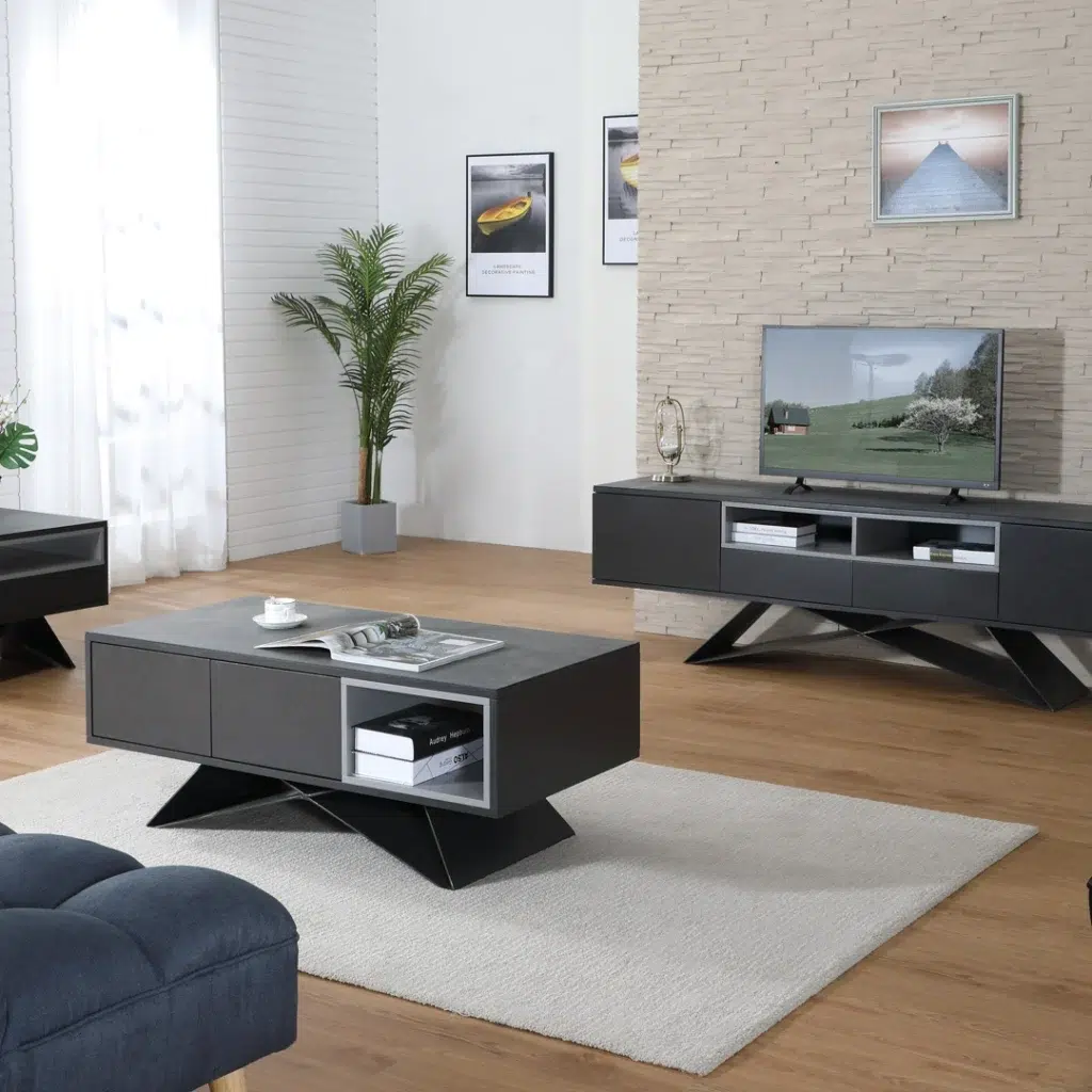 Otto Side Table Shadow Grey with ceramic stone top and black A-frame base