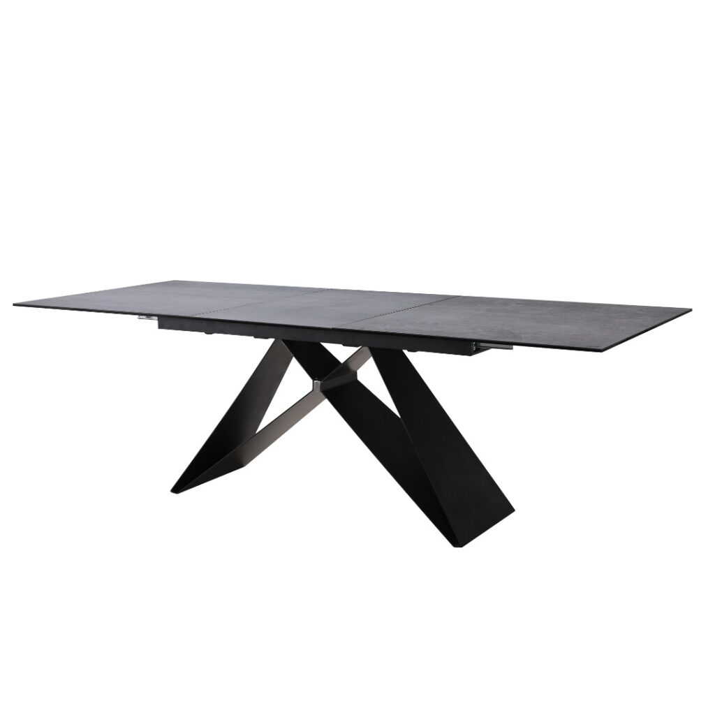 Otto Extension Dining Table Shadow Grey with stone texture and black metal base
