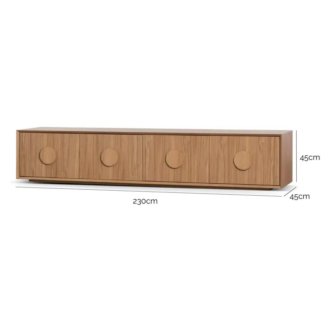 Oscar 2.3m wooden TV unit with natural oak finish and geometric handles for modern living rooms