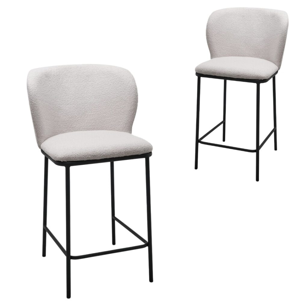White boucle bar stools set of 2 with black metal frame for modern kitchen or bar