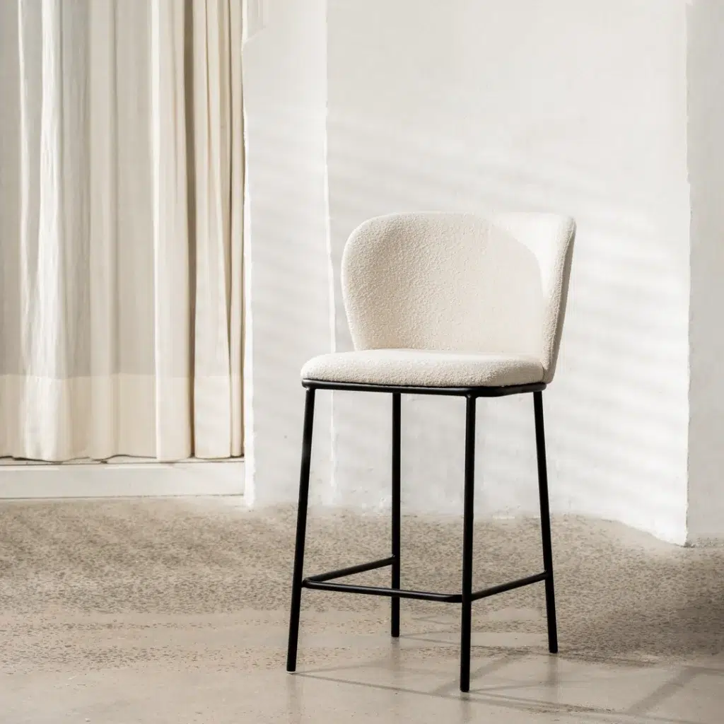 White boucle bar stools set of 2 with black metal frame for kitchen island or home bar