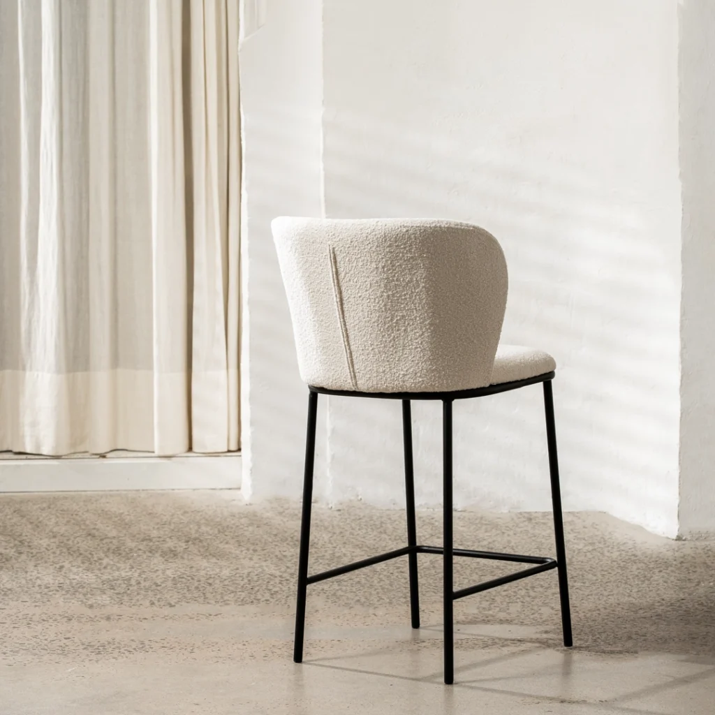 White boucle bar stools set of 2 with black metal frame for kitchen island or home bar