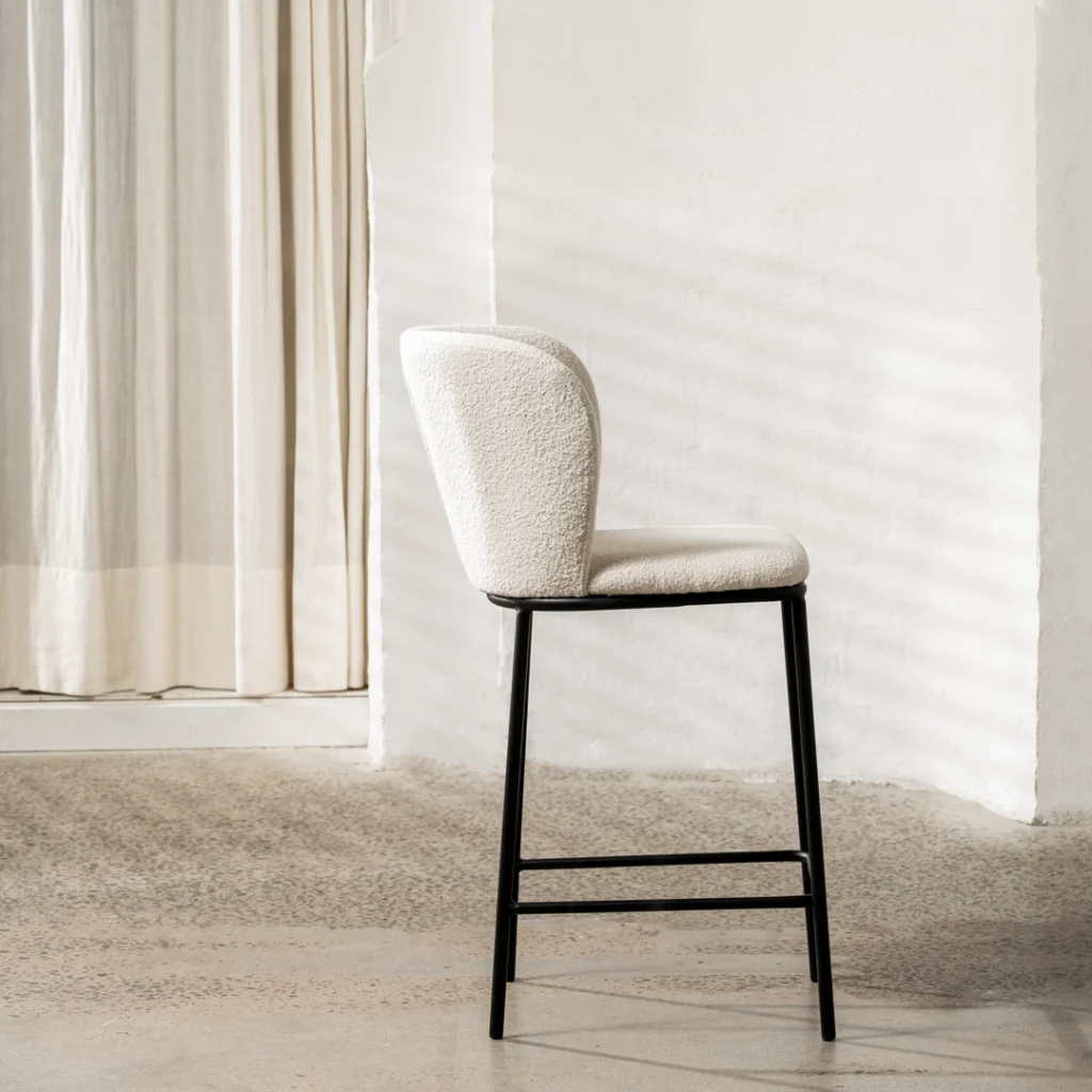 White boucle bar stools set of 2 with black metal frame for modern kitchen or bar