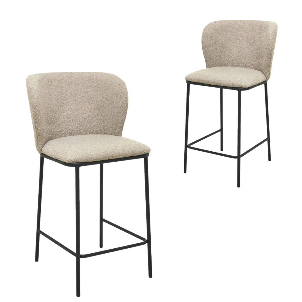 Polar Bar Stools Latte Set of 2 with Black Frame and Boucle Upholstery