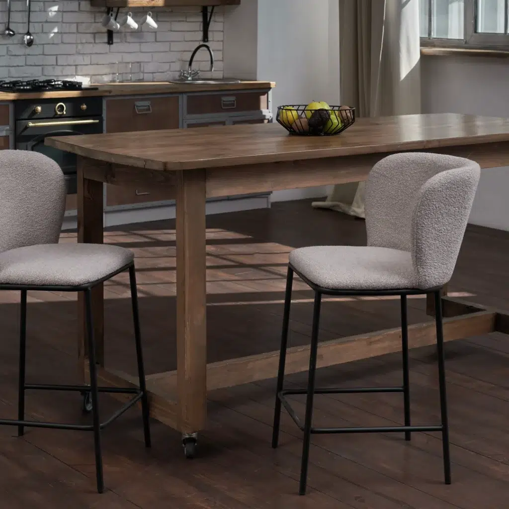 Polar Bar Stools Latte Set of 2 with Boucle Upholstery and Matte Black Frame