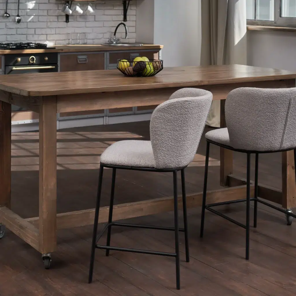 Polar Bar Stools Latte Set of 2 with Black Frame and Boucle Upholstery