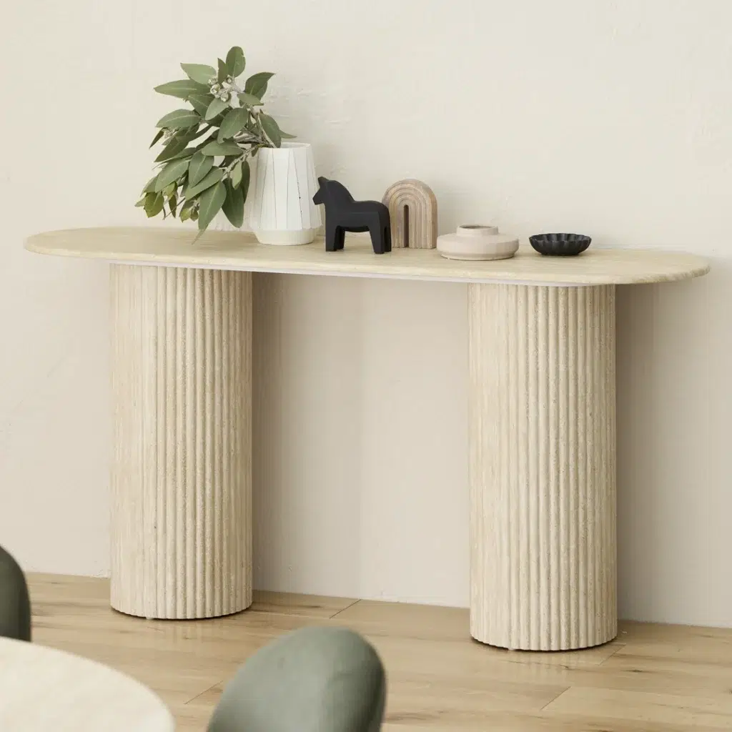 Pompeii travertine-effect console table with ribbed MDF base for hallway or living room
