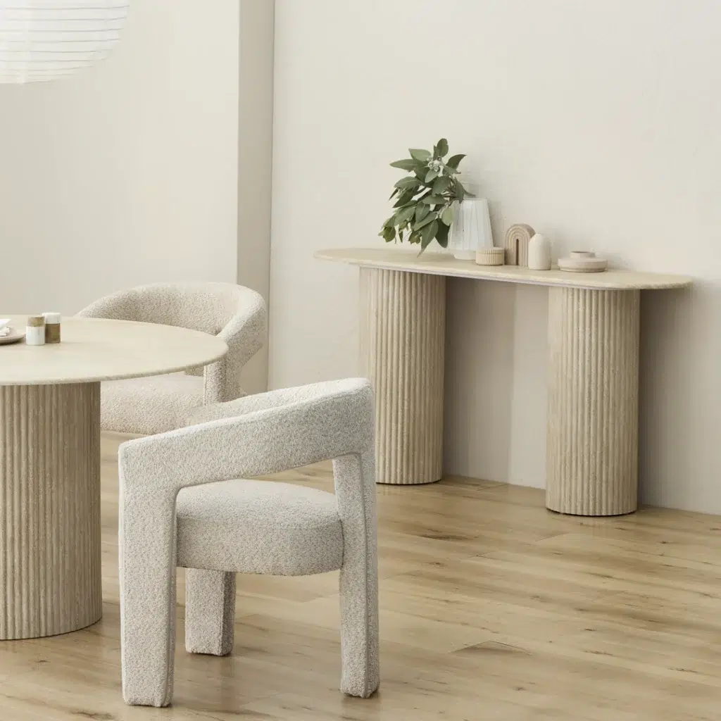 Pompeii travertine-effect console table with ribbed MDF base for entryway or living room