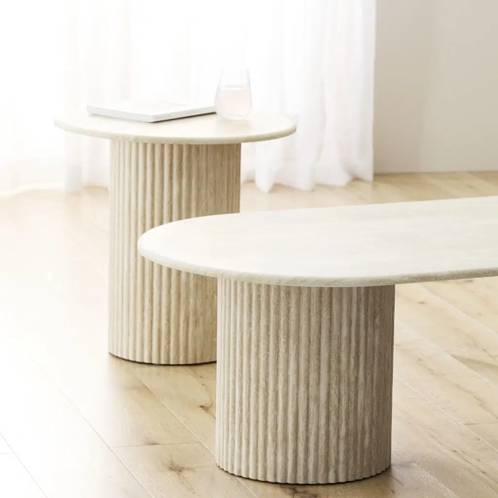 Pompeii Side Table with Travertine Look Matte Top and Textured MDF Base