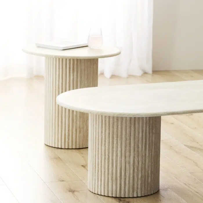 Pompeii Side Table with Travertine Look Matte Top and Textured MDF Base