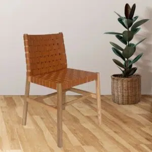 Piper leather dining chair with solid timber frame and woven leather seat for timeless style