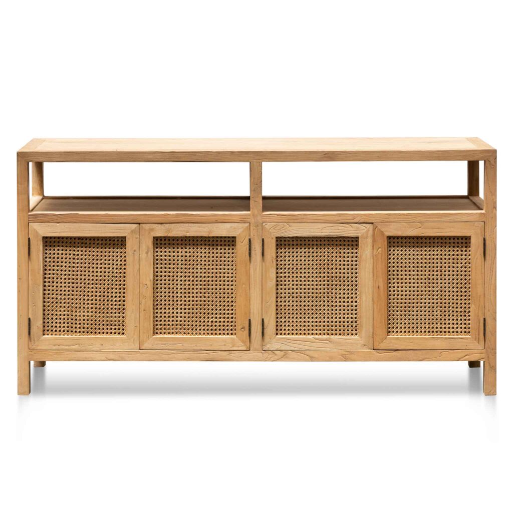 Orion 1.6m sideboard unit with natural elm wood and rattan doors for rustic modern interiors
