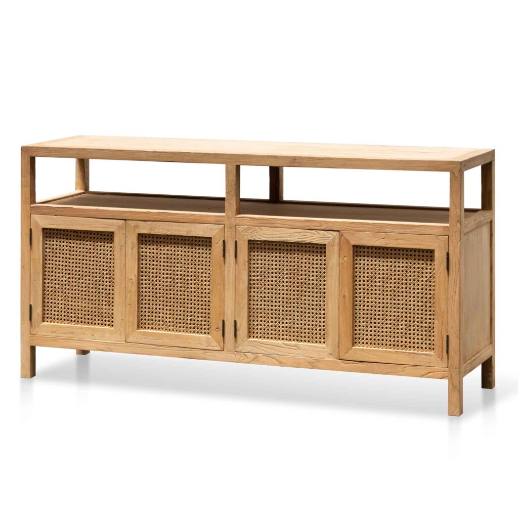 Orion 1.6m sideboard unit with natural elm wood and rattan doors for rustic modern storage