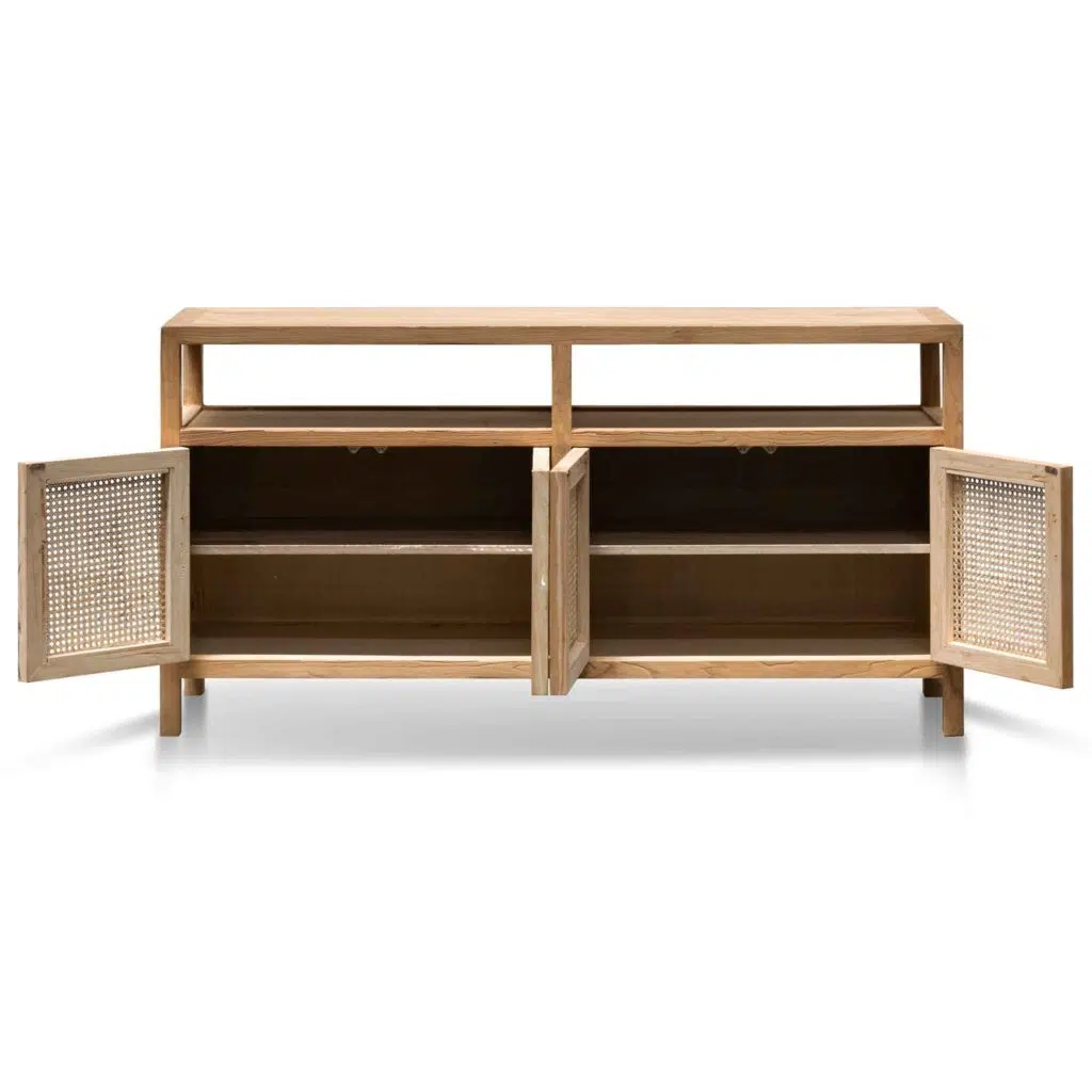 Orion 1.6m sideboard unit with natural elm wood and rattan doors for rustic modern storage