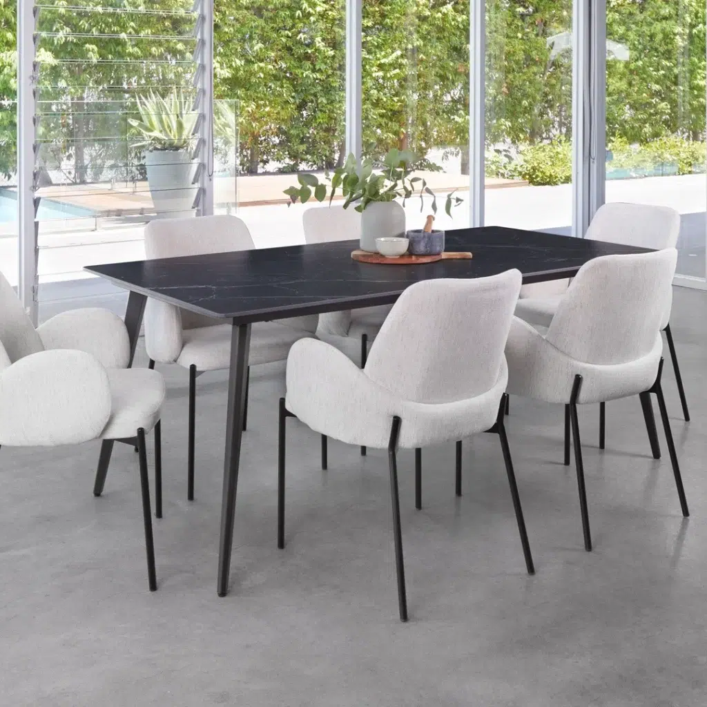 Lyon Oat Dining Chairs Set of 2 with black metal frame and knitted fabric upholstery